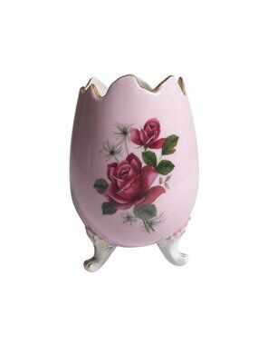 Pink Porcelain Egg Vase Rose Floral Hand Painted Gold Vintage Rim Tripod Signed